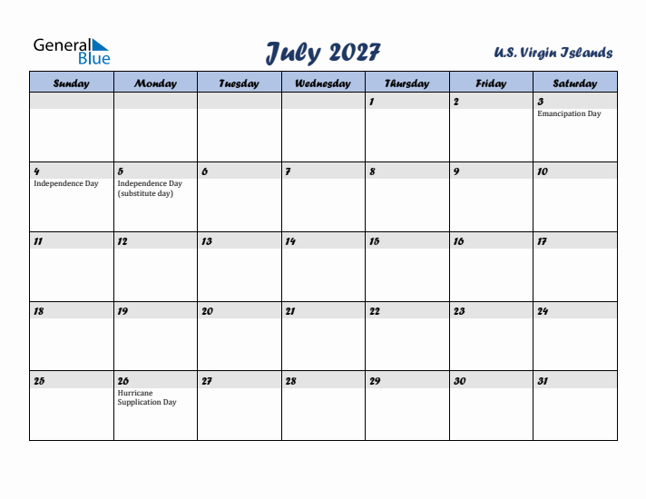 July 2027 Calendar with Holidays in U.S. Virgin Islands