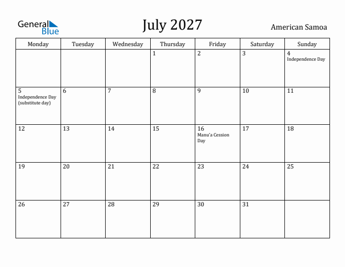 July 2027 Calendar American Samoa