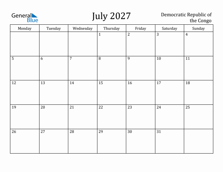 July 2027 Calendar Democratic Republic of the Congo