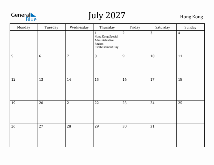 July 2027 Calendar Hong Kong