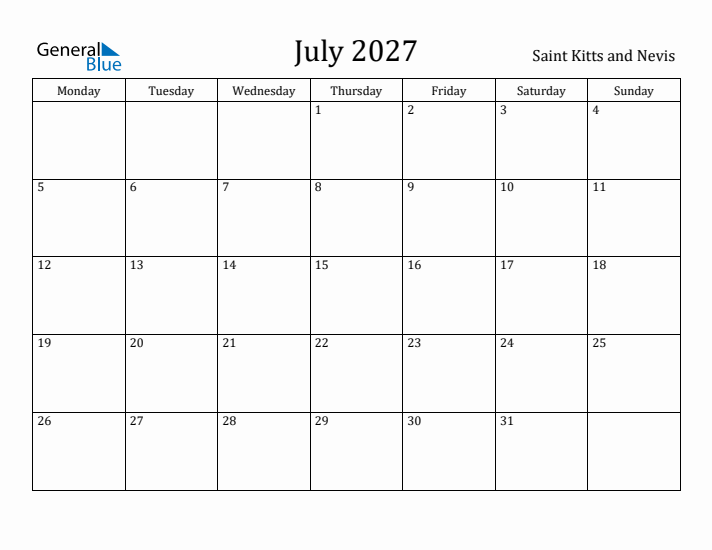 July 2027 Calendar Saint Kitts and Nevis