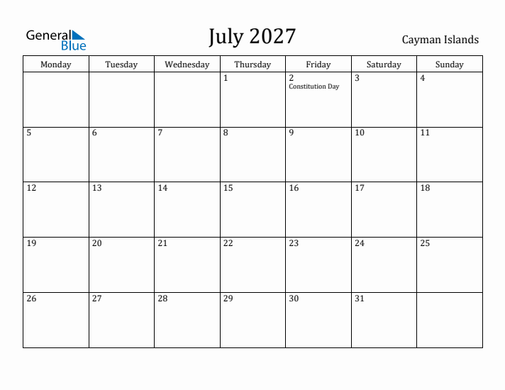 July 2027 Calendar Cayman Islands