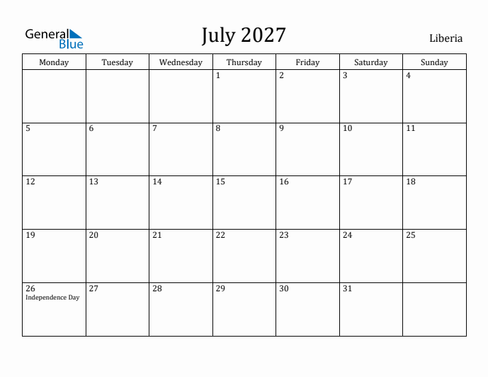 July 2027 Calendar Liberia