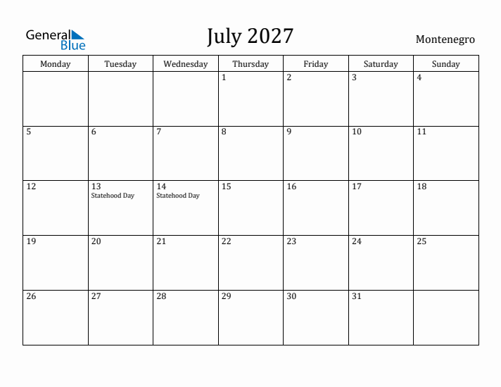 July 2027 Calendar Montenegro
