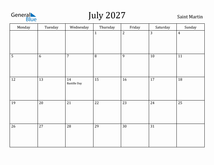 July 2027 Calendar Saint Martin