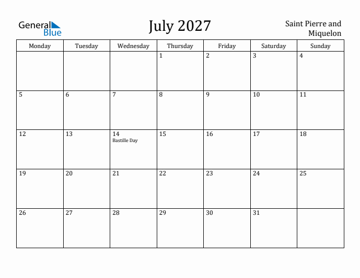 July 2027 Calendar Saint Pierre and Miquelon