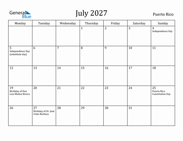 July 2027 Calendar Puerto Rico
