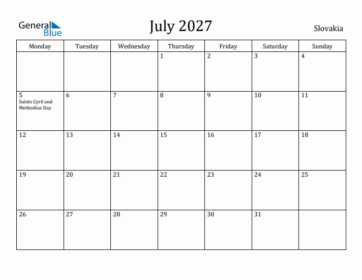 July 2027 Calendar Slovakia