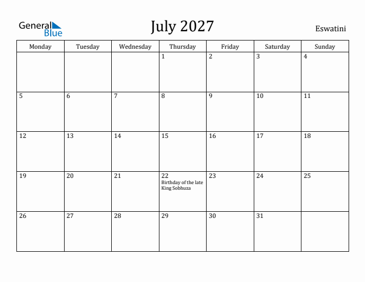 July 2027 Calendar Eswatini