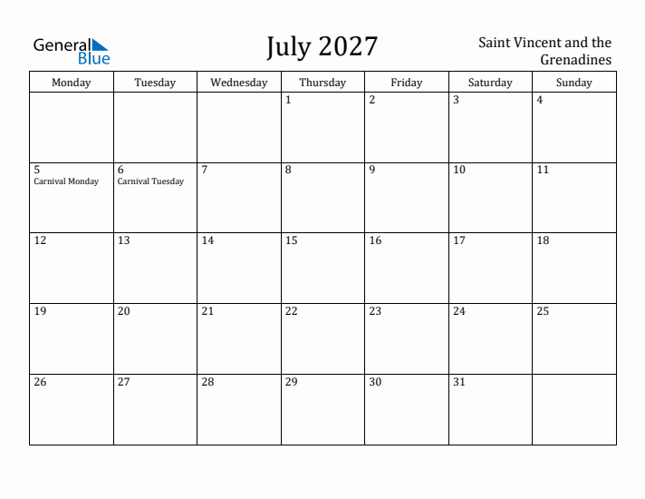 July 2027 Calendar Saint Vincent and the Grenadines