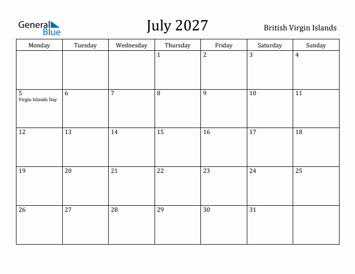 July 2027 Calendar British Virgin Islands