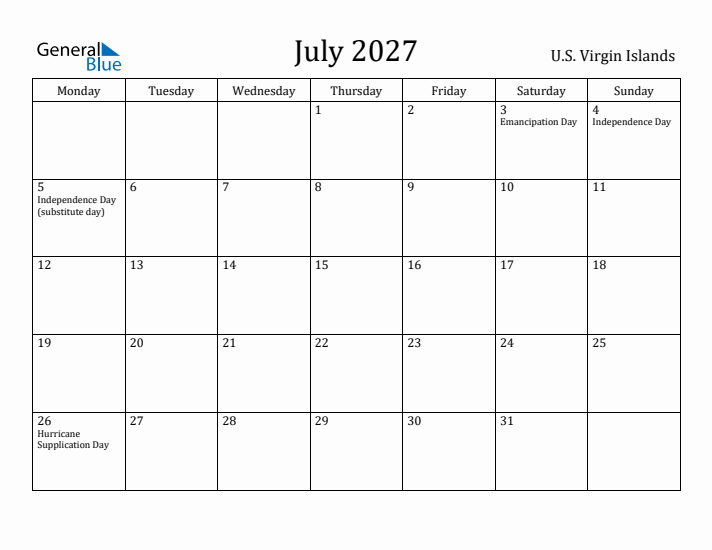 July 2027 Calendar U.S. Virgin Islands