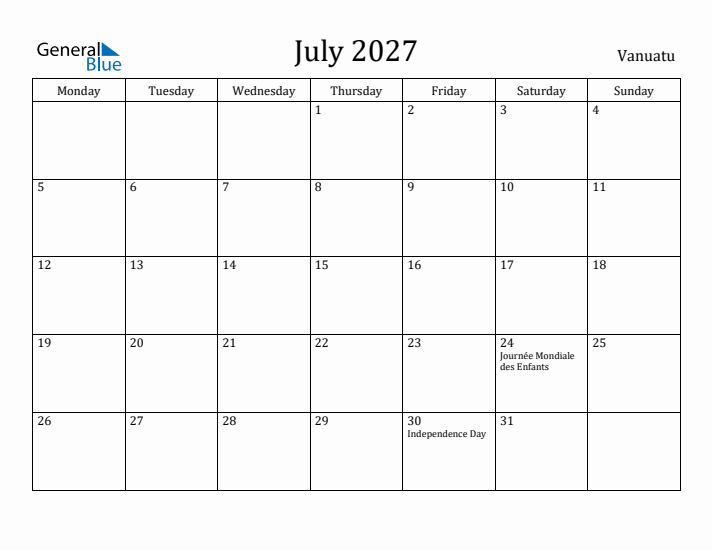 July 2027 Calendar Vanuatu