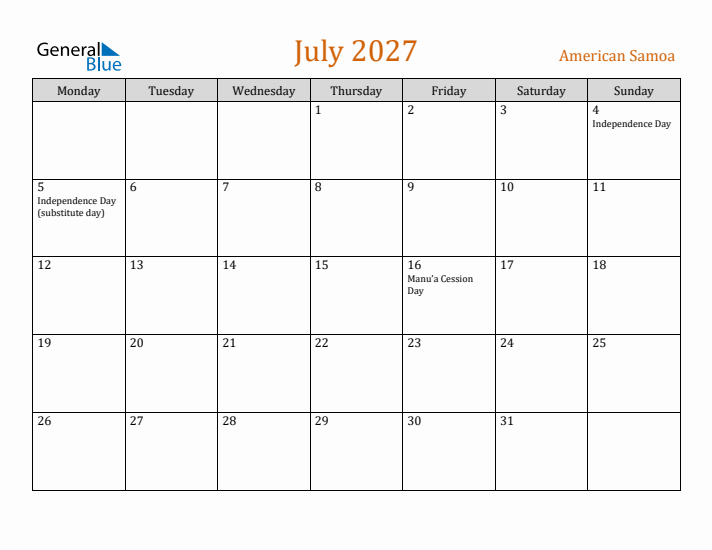July 2027 Holiday Calendar with Monday Start