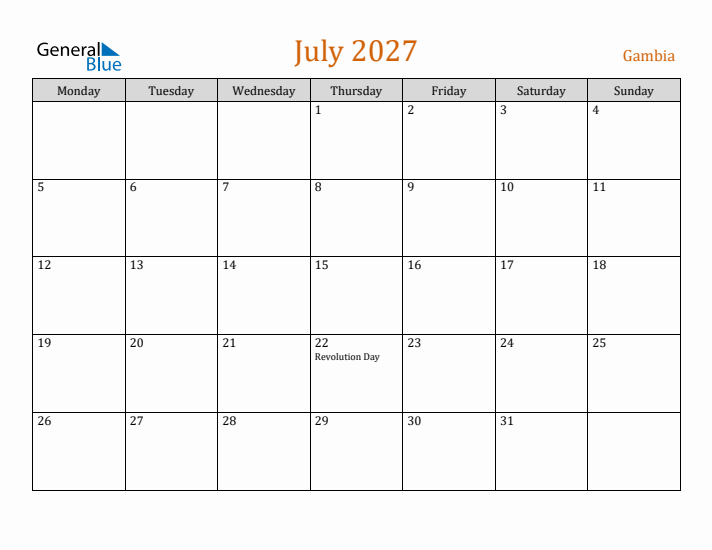 July 2027 Holiday Calendar with Monday Start