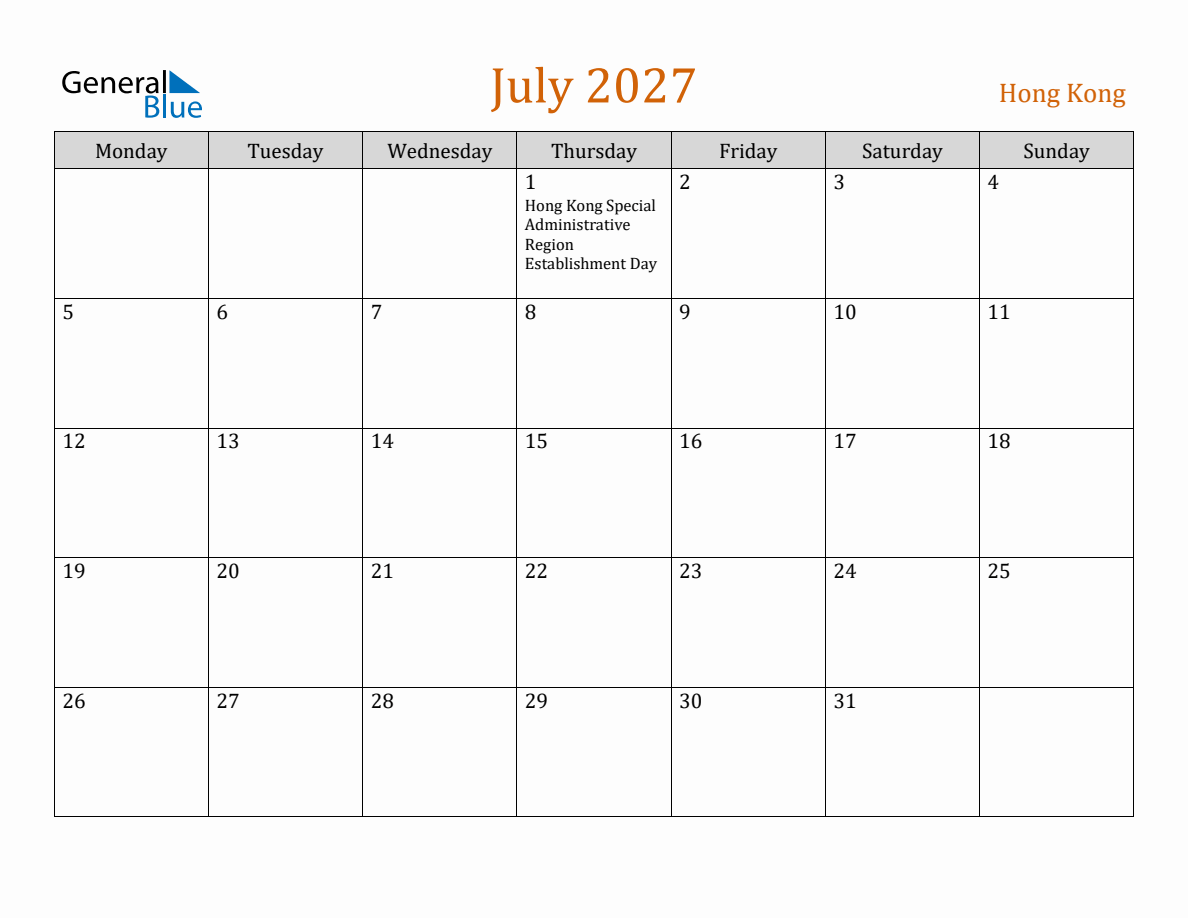 Free July 2027 Hong Kong Calendar (Monday Start)