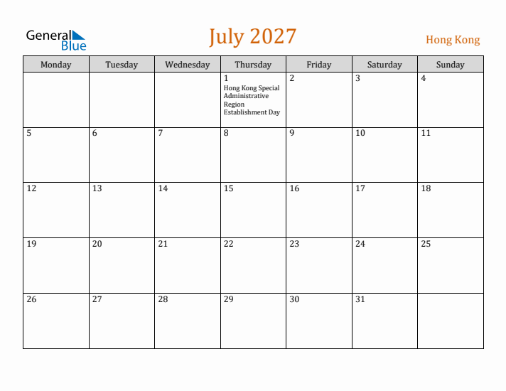 July 2027 Holiday Calendar with Monday Start