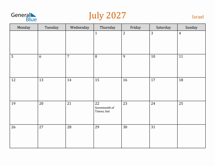 July 2027 Holiday Calendar with Monday Start