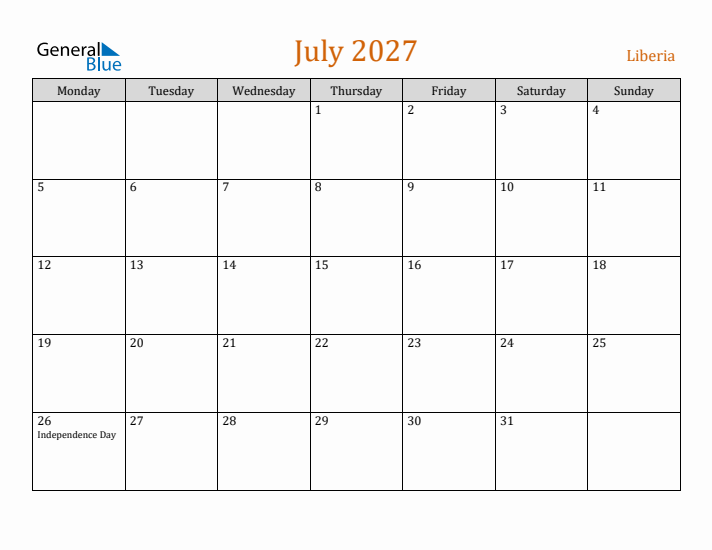 July 2027 Holiday Calendar with Monday Start
