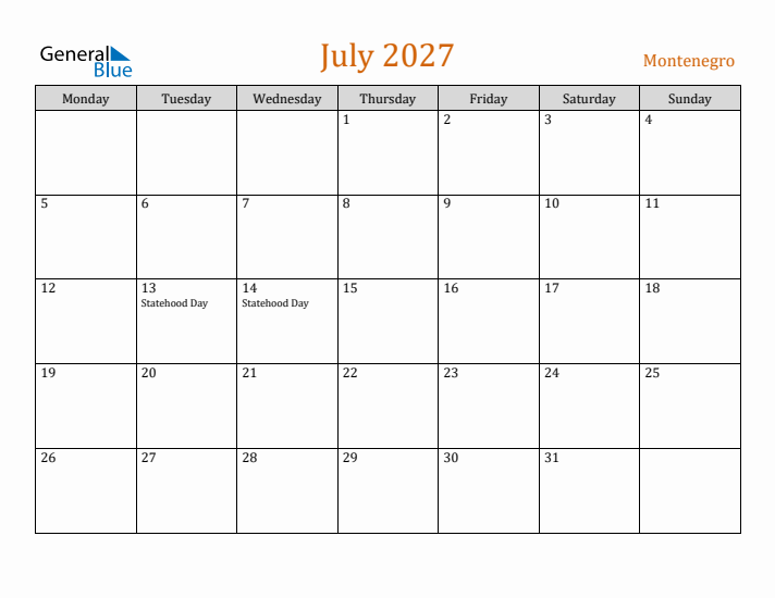 July 2027 Holiday Calendar with Monday Start