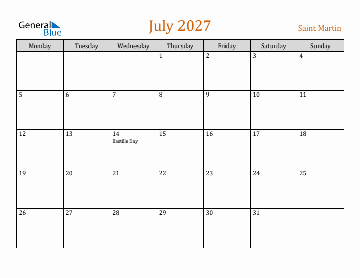 July 2027 Holiday Calendar with Monday Start