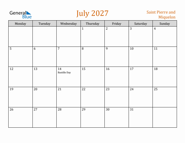 July 2027 Holiday Calendar with Monday Start