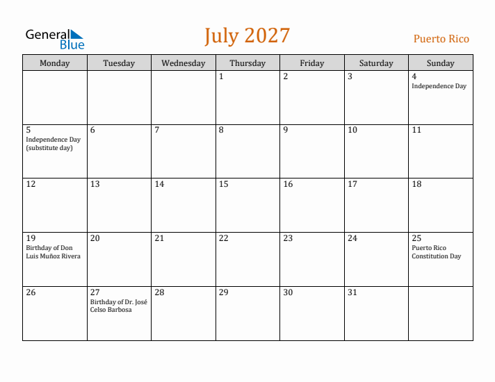 July 2027 Holiday Calendar with Monday Start