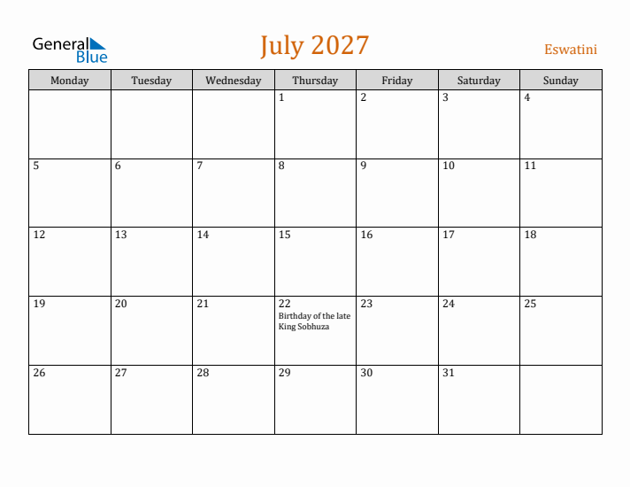 July 2027 Holiday Calendar with Monday Start