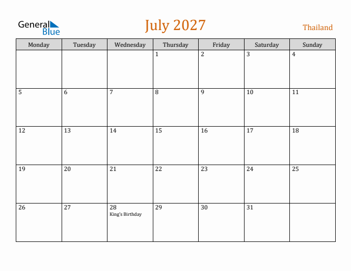 July 2027 Holiday Calendar with Monday Start
