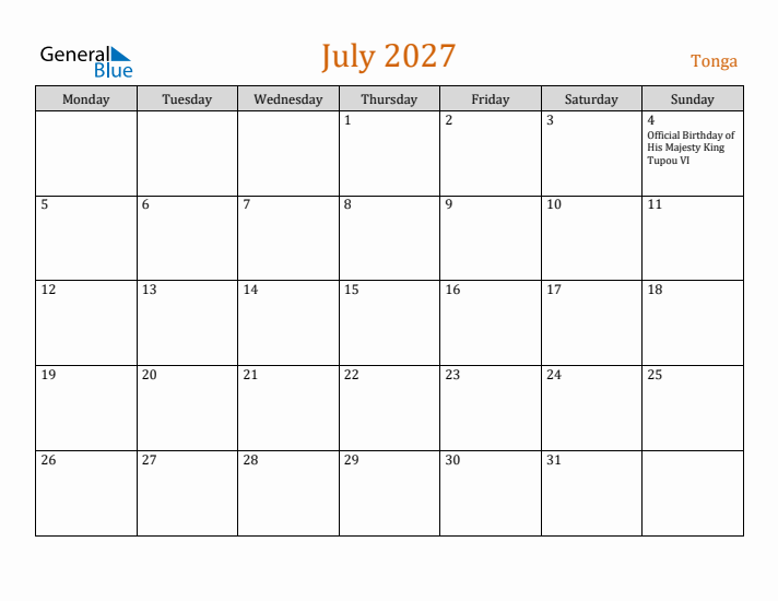 July 2027 Holiday Calendar with Monday Start
