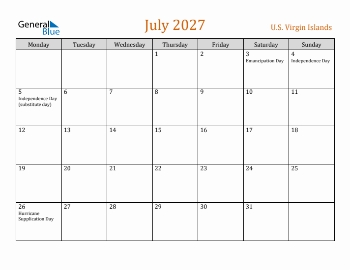 July 2027 Holiday Calendar with Monday Start