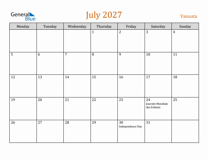 July 2027 Holiday Calendar with Monday Start