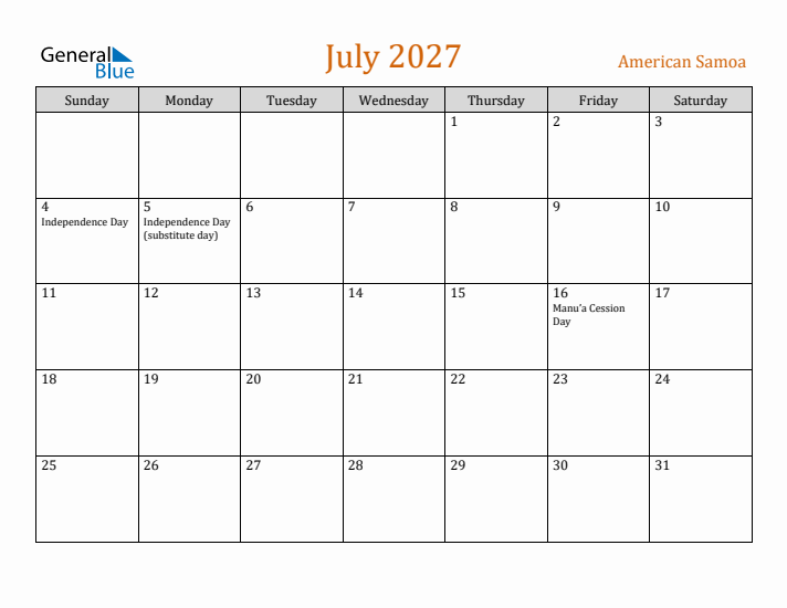 July 2027 Holiday Calendar with Sunday Start
