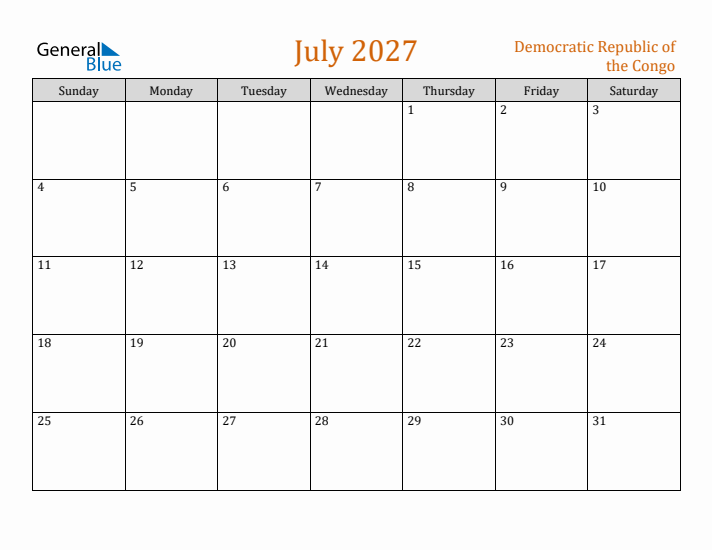 July 2027 Holiday Calendar with Sunday Start