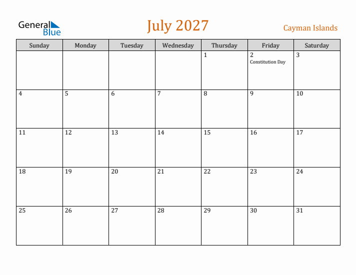 July 2027 Holiday Calendar with Sunday Start