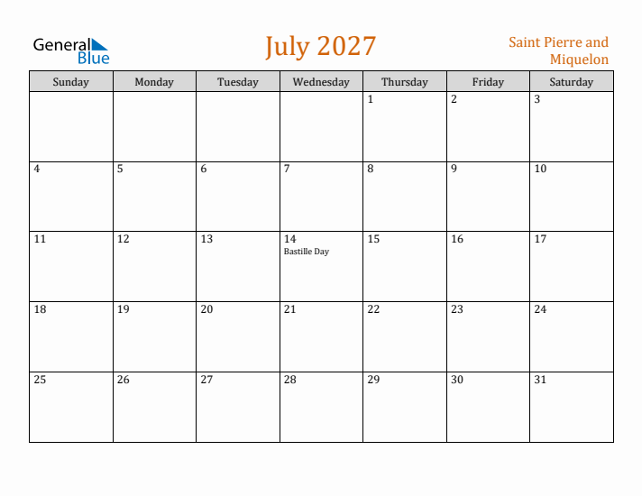 July 2027 Holiday Calendar with Sunday Start