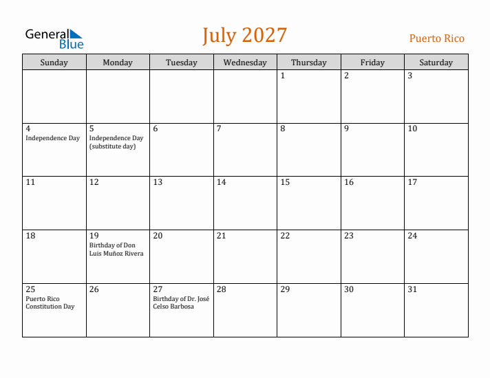 July 2027 Holiday Calendar with Sunday Start
