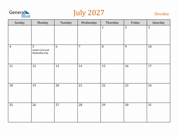 July 2027 Holiday Calendar with Sunday Start