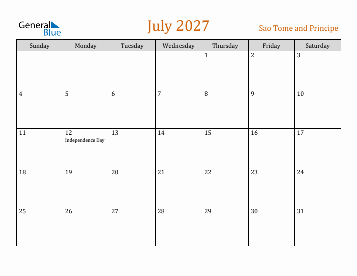 July 2027 Holiday Calendar with Sunday Start
