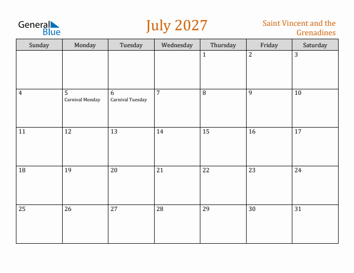 July 2027 Holiday Calendar with Sunday Start