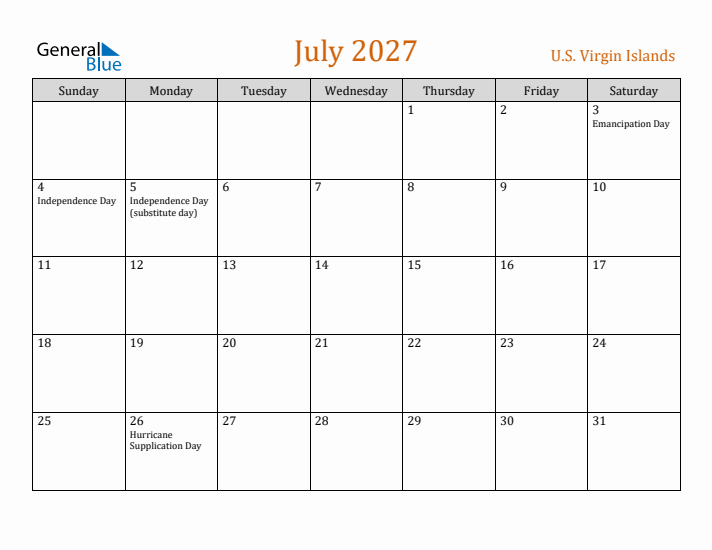 July 2027 Holiday Calendar with Sunday Start