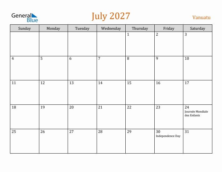 July 2027 Holiday Calendar with Sunday Start