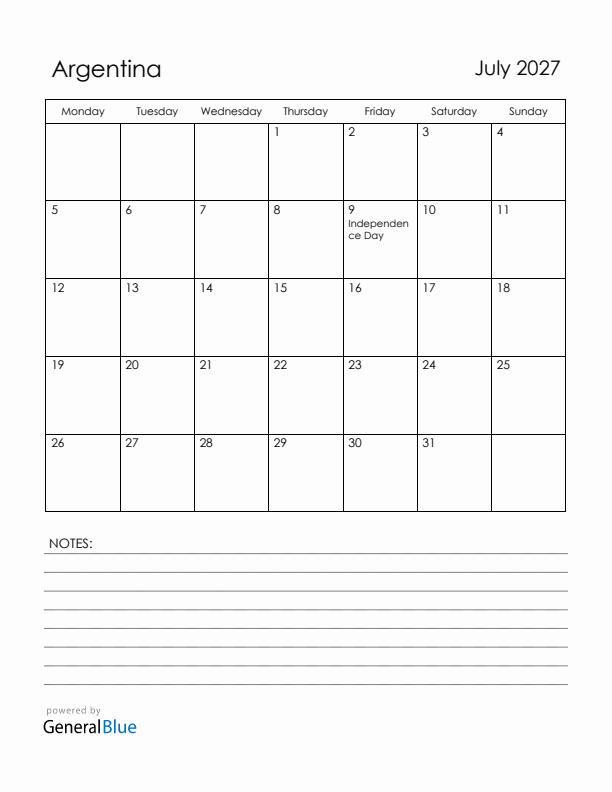 July 2027 Argentina Calendar with Holidays (Monday Start)