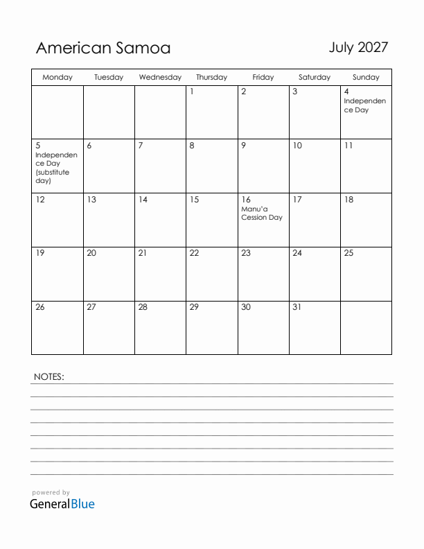 July 2027 American Samoa Calendar with Holidays (Monday Start)
