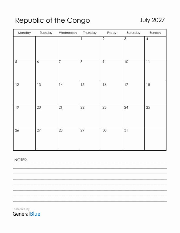 July 2027 Republic of the Congo Calendar with Holidays (Monday Start)