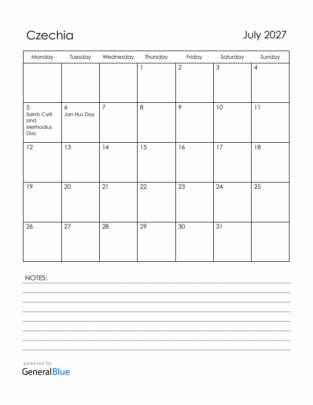 July 2027 Czechia Calendar with Holidays (Monday Start)
