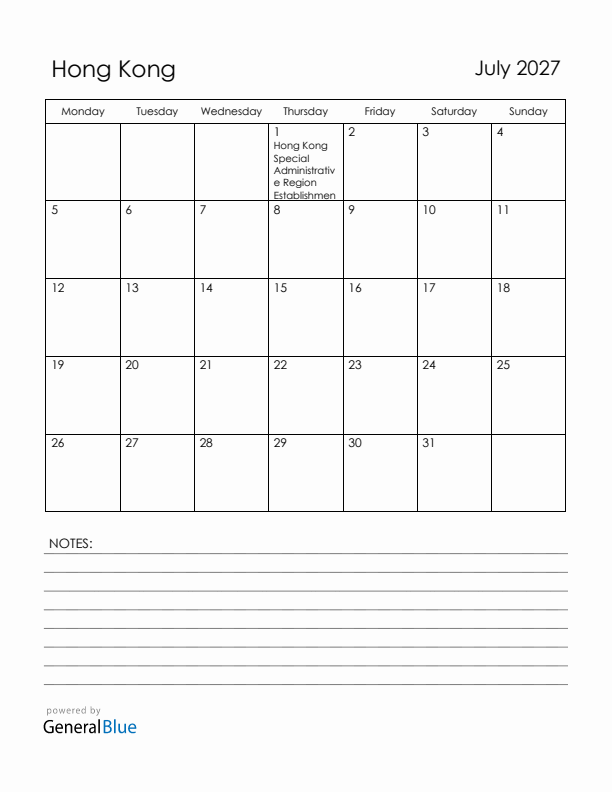 July 2027 Hong Kong Calendar with Holidays (Monday Start)