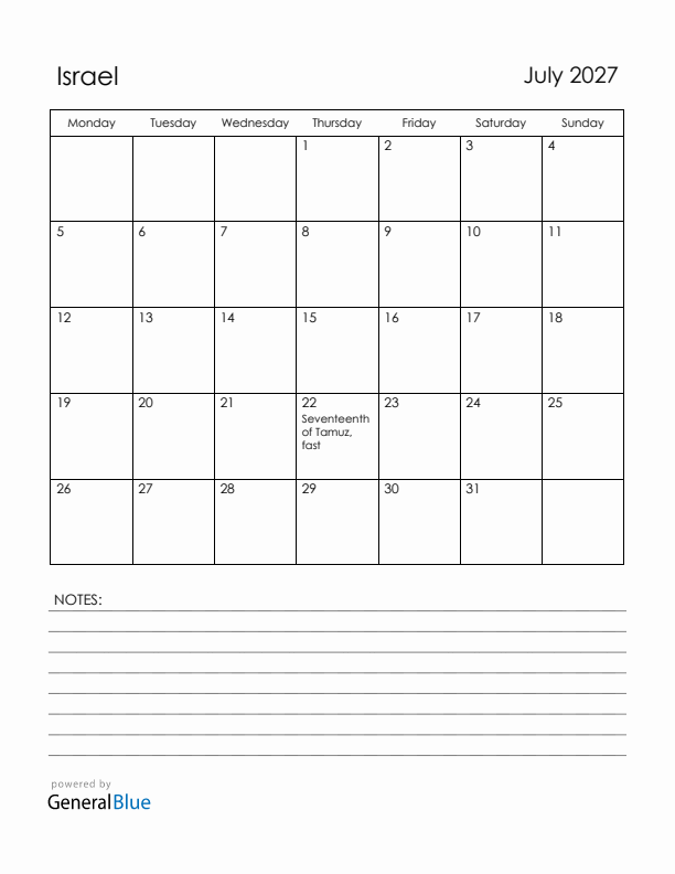 July 2027 Israel Calendar with Holidays (Monday Start)