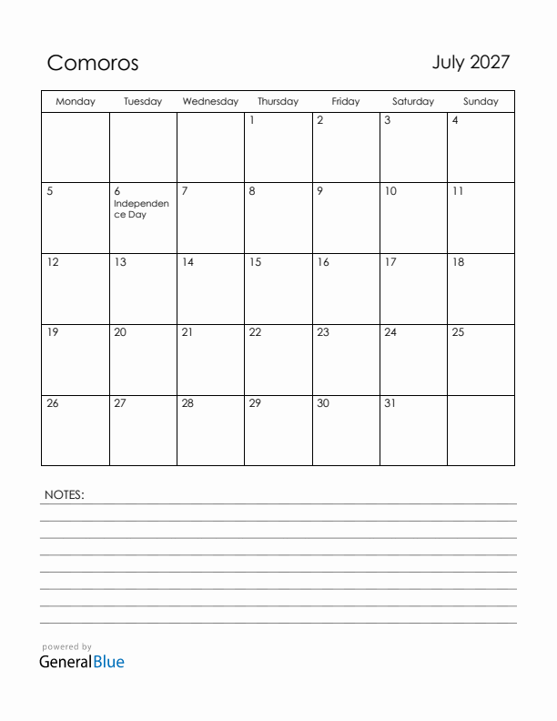 July 2027 Comoros Calendar with Holidays (Monday Start)