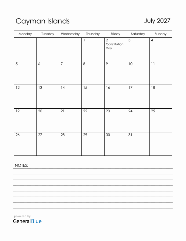 July 2027 Cayman Islands Calendar with Holidays (Monday Start)